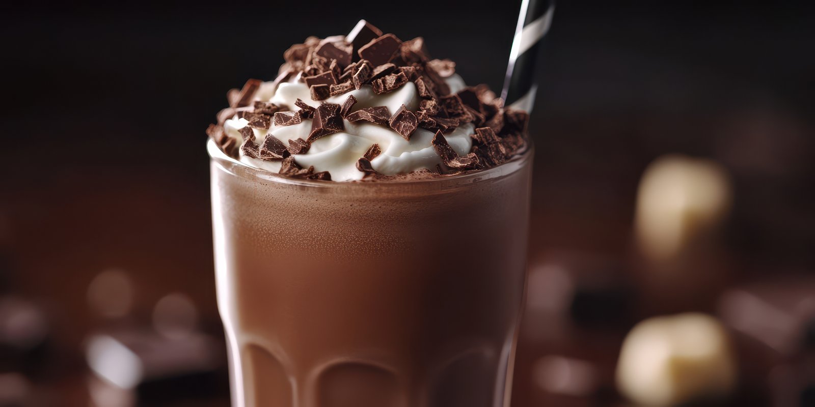 Delicious chocolate milkshake topped with whipped cream and chocolate shavings in a cozy cafe setting
